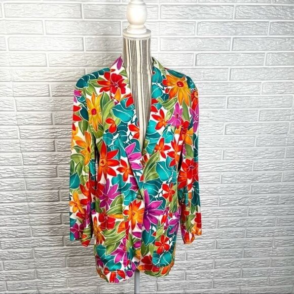 Vtg LizSport Multicolored Floral Lightweight Oversized Blazer Jacket Size Small - Picture 1 of 7